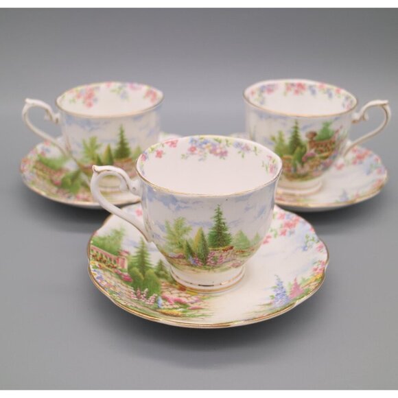 Royal Albert English Bone China "Kentish Rockery" Teacup & Saucers Set of 3 - Picture 1 of 5
